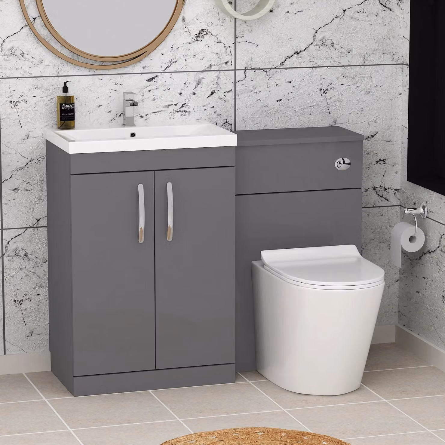 Royal Bathrooms Modern Turin Indigo Grey Gloss 2-Door Mid-Edge Basin and Cesar Back to Wall Toilet Pack, Width: 110 cm