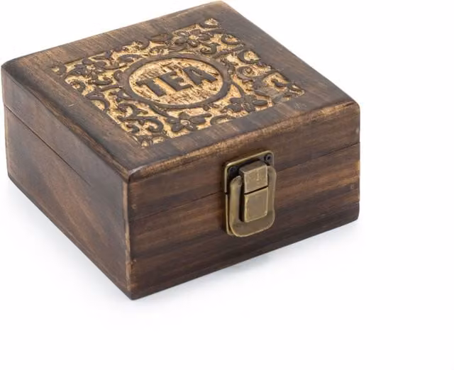 KDMK Brown Mango Wood Carved Floral Tea Box with 4 Compartments and Brass Clip