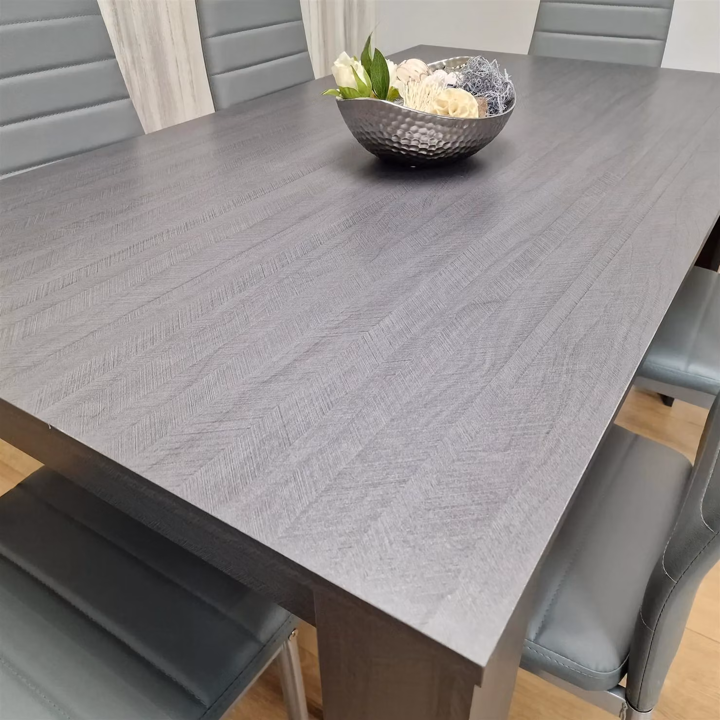KOSY KOALA Modern Dining Set with Rectangular Brown Table and 6 Grey Faux Leather Chairs – 2