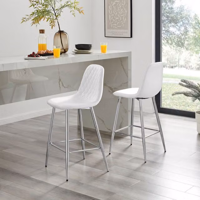 FurnitureboxUK Corona White Faux Leather Upholstered Kitchen Breakfast Bar Chair with Silver Metal Legs