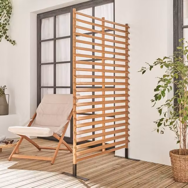 Sweek Brown Acacia Wood and Steel Freestanding Outdoor Paravent Screen, W/D/H: 100 x 40 x 180 cm