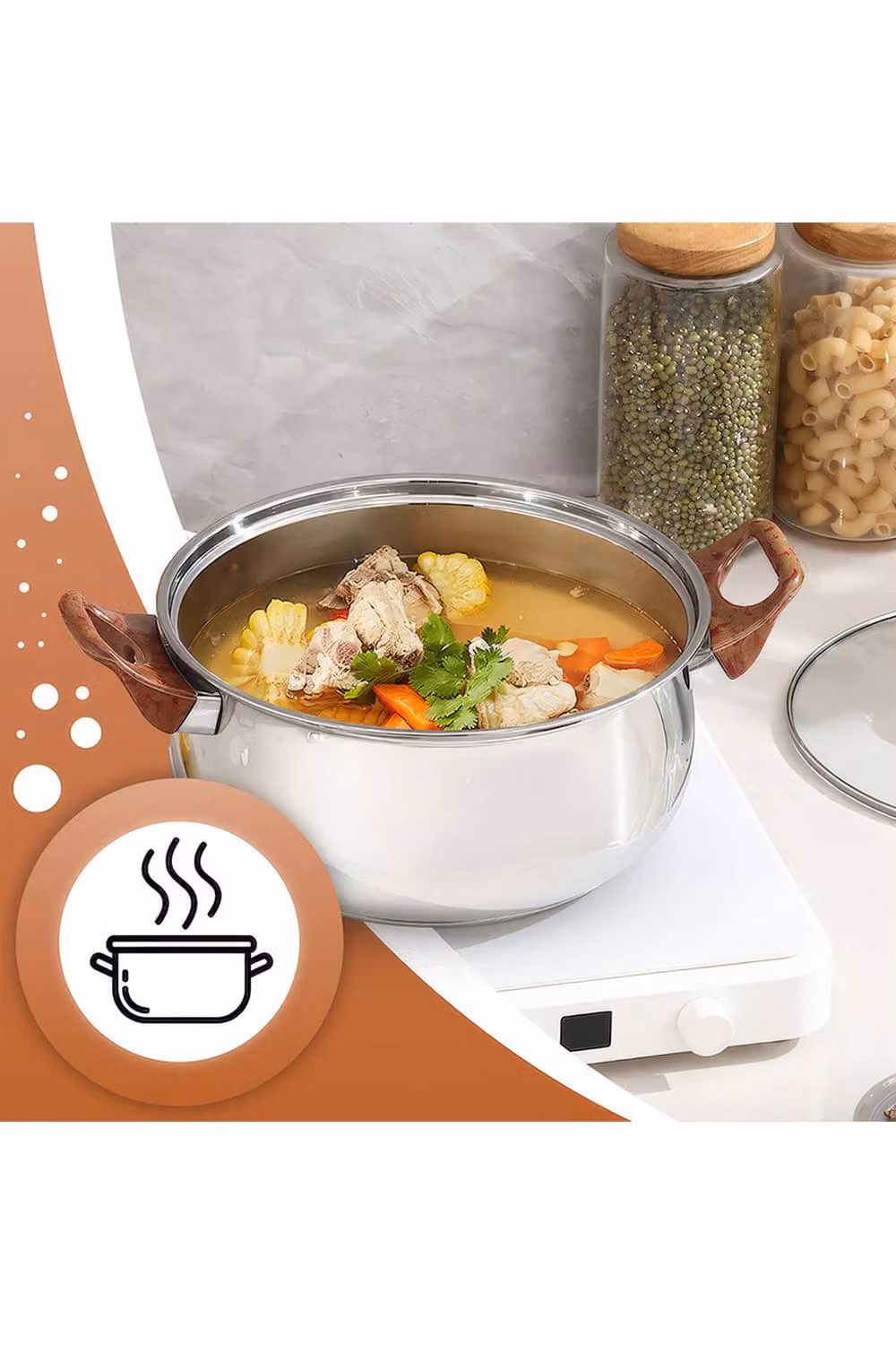 Living and Home 6-Piece Stainless Steel Cookware Set in Silver, including Saucepan, Frying Pan and Lid