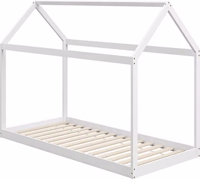 HOMCOM Scandinavian Style Wooden Single Bed Base with House Frame, White, W/D: 90 x 190 cm