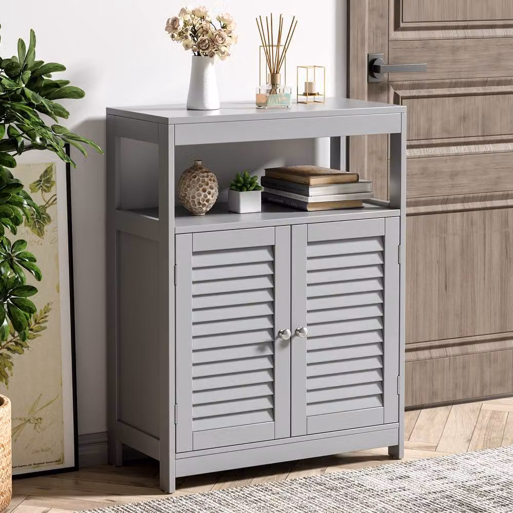 Gymax Freestanding Grey Bathroom Cabinet with Roll Shutter Doors and Internal Shelves – 2