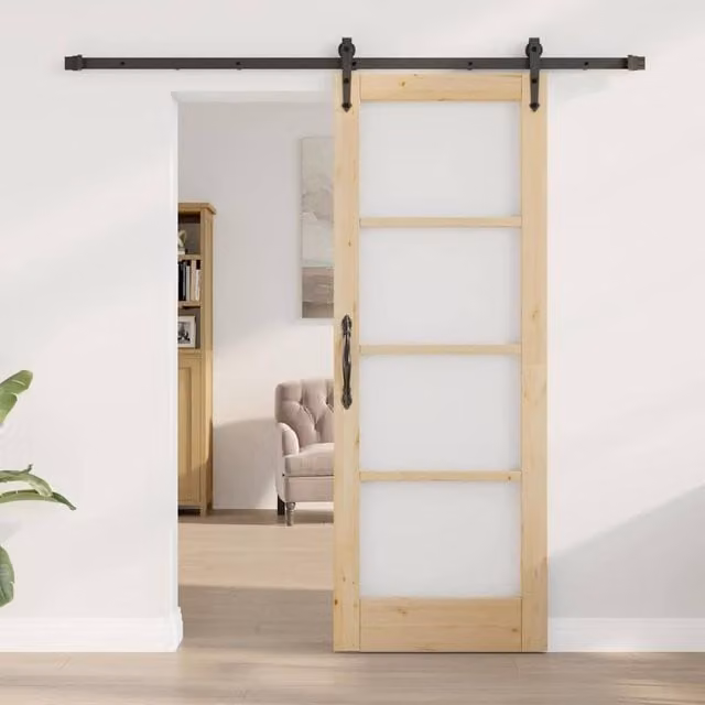 Berkfield Home Sliding Door with Hardware Set, Solid Wood Pine, Beige, W: 73.5 cm, H: 198.5 cm