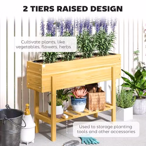 Outsunny Wooden Raised Garden Bed with Bed Liner and Storage Shelf, Brown, W: 100 cm, D: 30 cm, H: 71 cm – 3