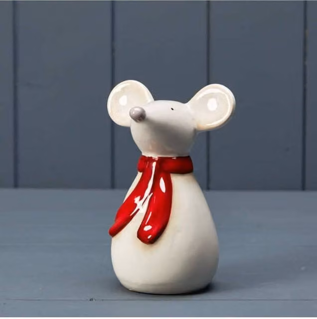 KDMD White Ceramic Mouse with Red Scarf Tabletop Ornament