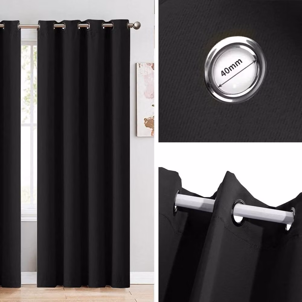 VOGREX Thermal Blackout Curtains, Pair of Black Eyelet Fabric Panels for Bedroom or Living Room – 3
