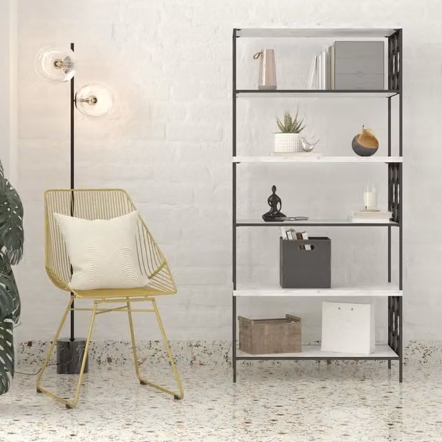 Dorel Home Ella 5 Shelf Bookcase in Black with White Marble Top