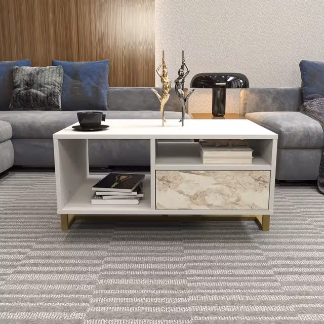 Decorotika Utopia Modern Rectangular Coffee Table in White and Gold
