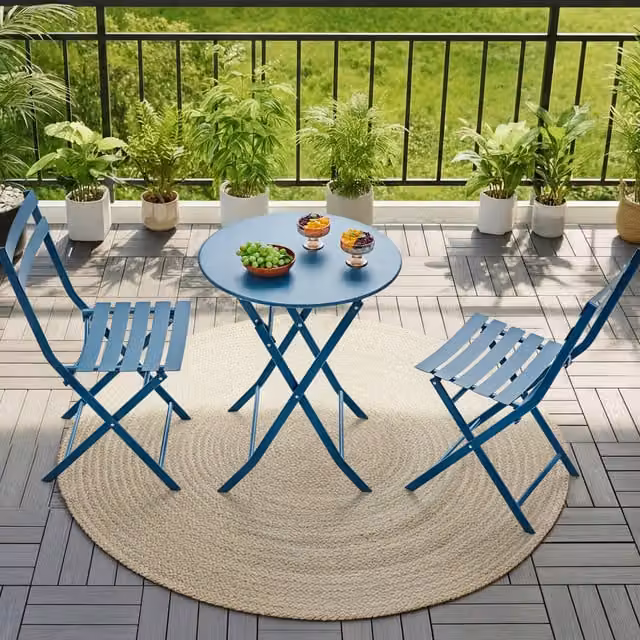 Yaheetech Set of 3 Blue and White Powder Coated Steel Outdoor Folding Bistro Set with Round Tables and X-Frame Chairs