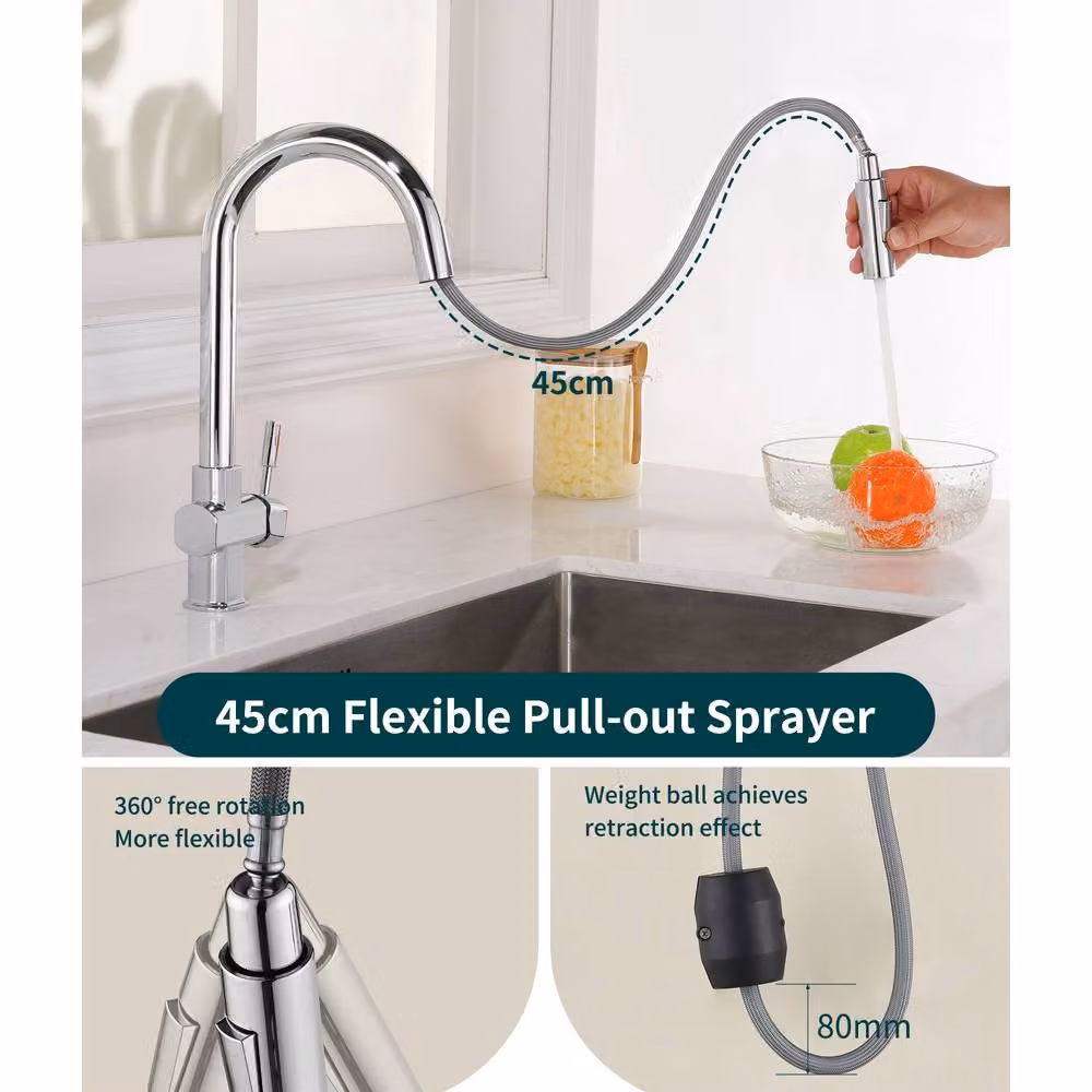 Süßren Chrome Silver Pull-Out Kitchen Mixer Tap with 2-Mode Spray and 360 Degree Swivel Spout – 2