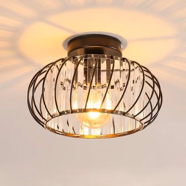 Goeco Modern Crystal Ceiling Light with Glass Lampshade, E27, Black or Gold/Brass