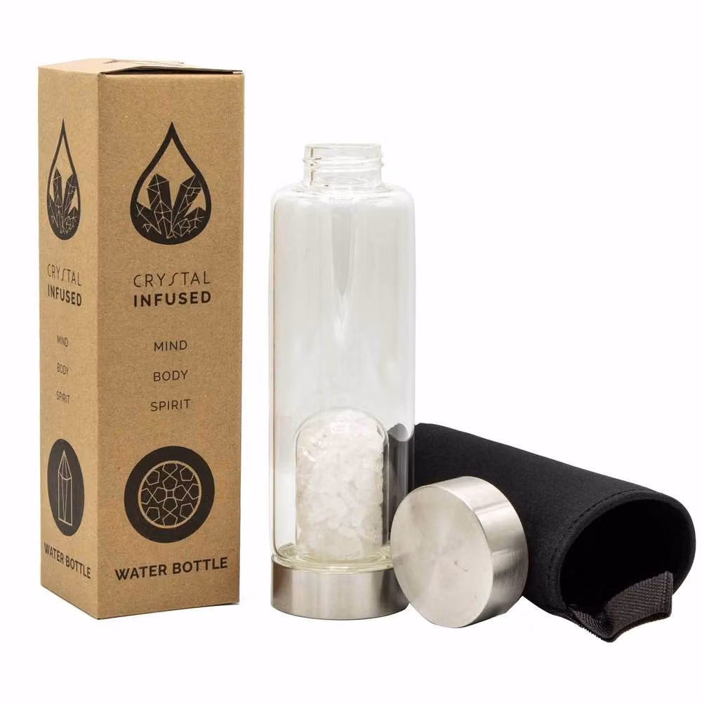 Serenityy Crystal-Infused Glass Water Bottle with Clear Quartz Chips, 500 ml, Transparent – 2