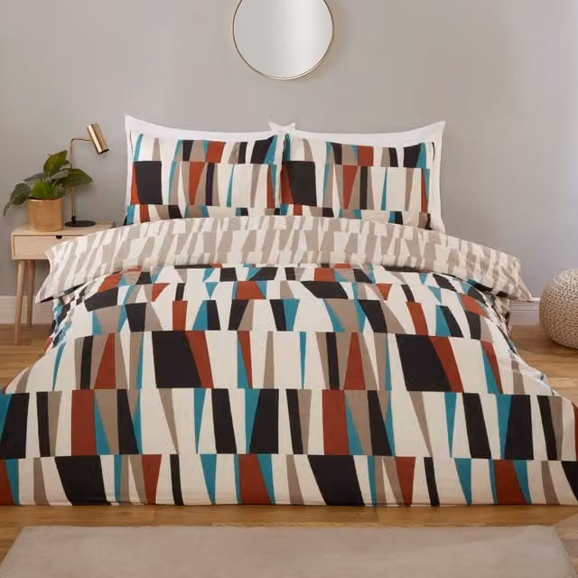 Divante Finest Ezra Geometric Cotton Duvet Set in Beige and Multicolour, 200 x 200 cm