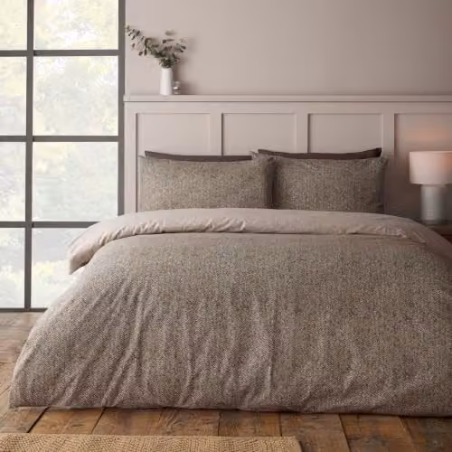 Catherine Lansfield Reversible Brushed Herringbone Cotton Duvet Cover and Pillowcase Set, Brown, W/D/H: 200 x 200 cm