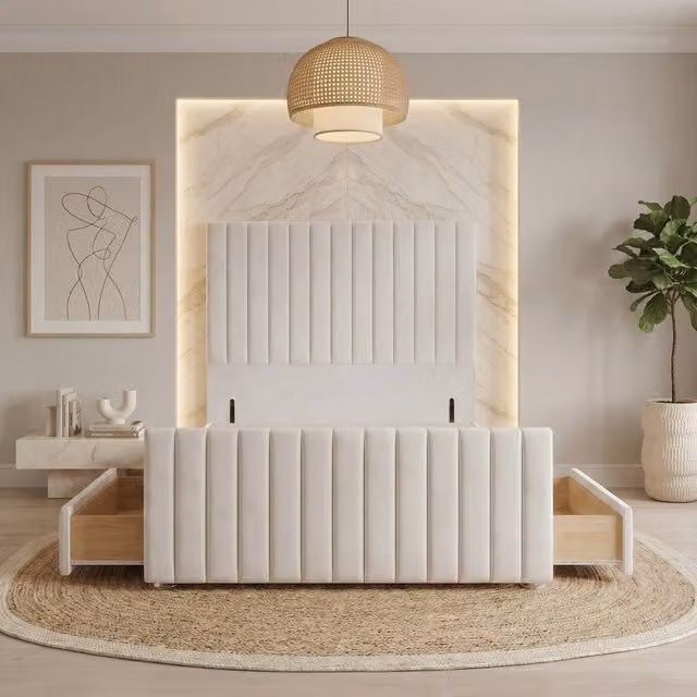 Somnior Eleanor White Velvet Upholstered Divan Base with 4 Drawers, 54 inch Headboard and 22 inch Footboard, Double, W/D/H: 140 x 200 cm