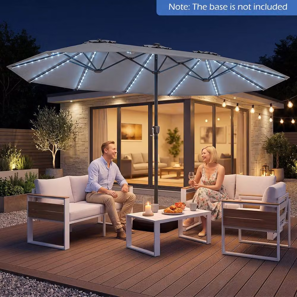Costway 15ft Double-Sided Cantilever Outdoor Patio Umbrella with 144 Solar LED Lights in Grey – 5