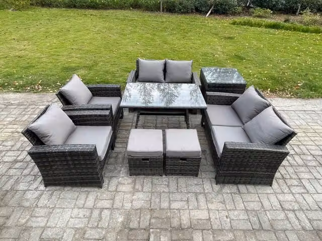 Fimous 8 Seater Rattan Garden Furniture Set with Rectangular Dining Table, Love Seat and Side Table in Dark Grey