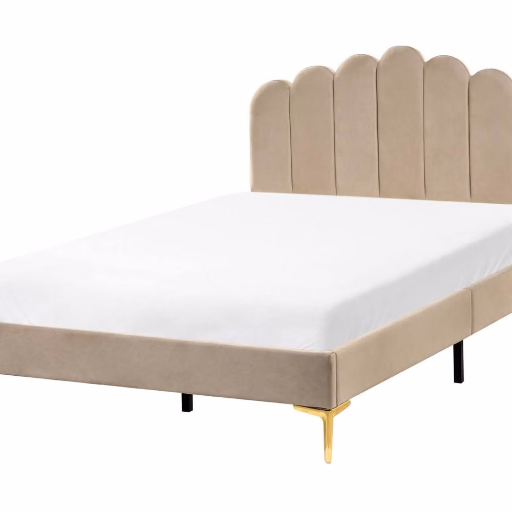 Wyld and Coco Velvet Small Double Bed in Beige with Adjustable Headboard and Slatted Base, W/D/H: 120 x 200 cm – 2