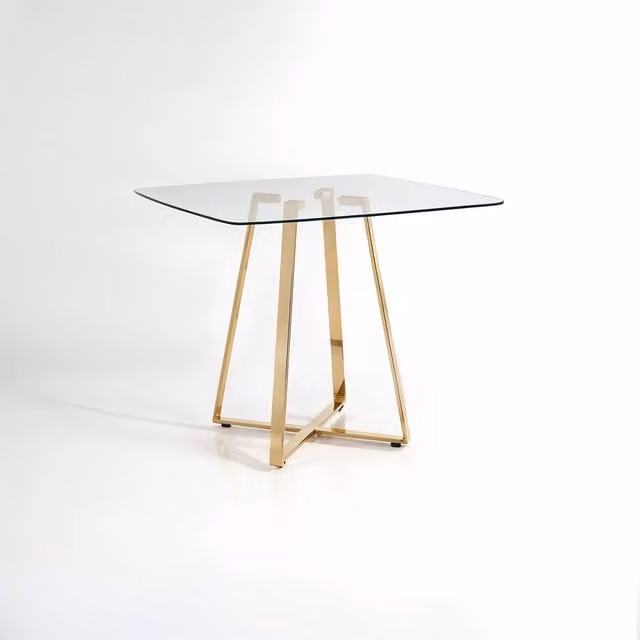 Orsina Modern Square Glass Dining Table with Gold X-Frame Base, Transparent and Gold – 1