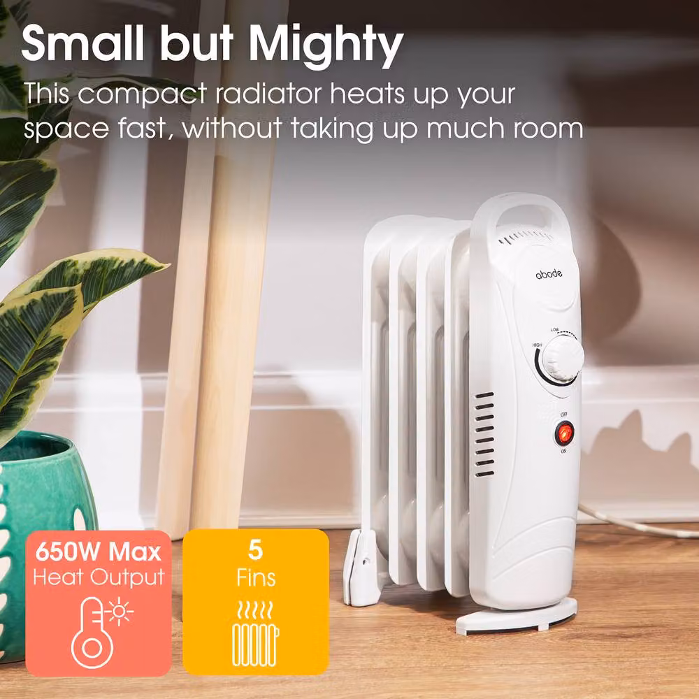Abode 650W 5 Fin Oil Filled Portable Radiator in White – 2