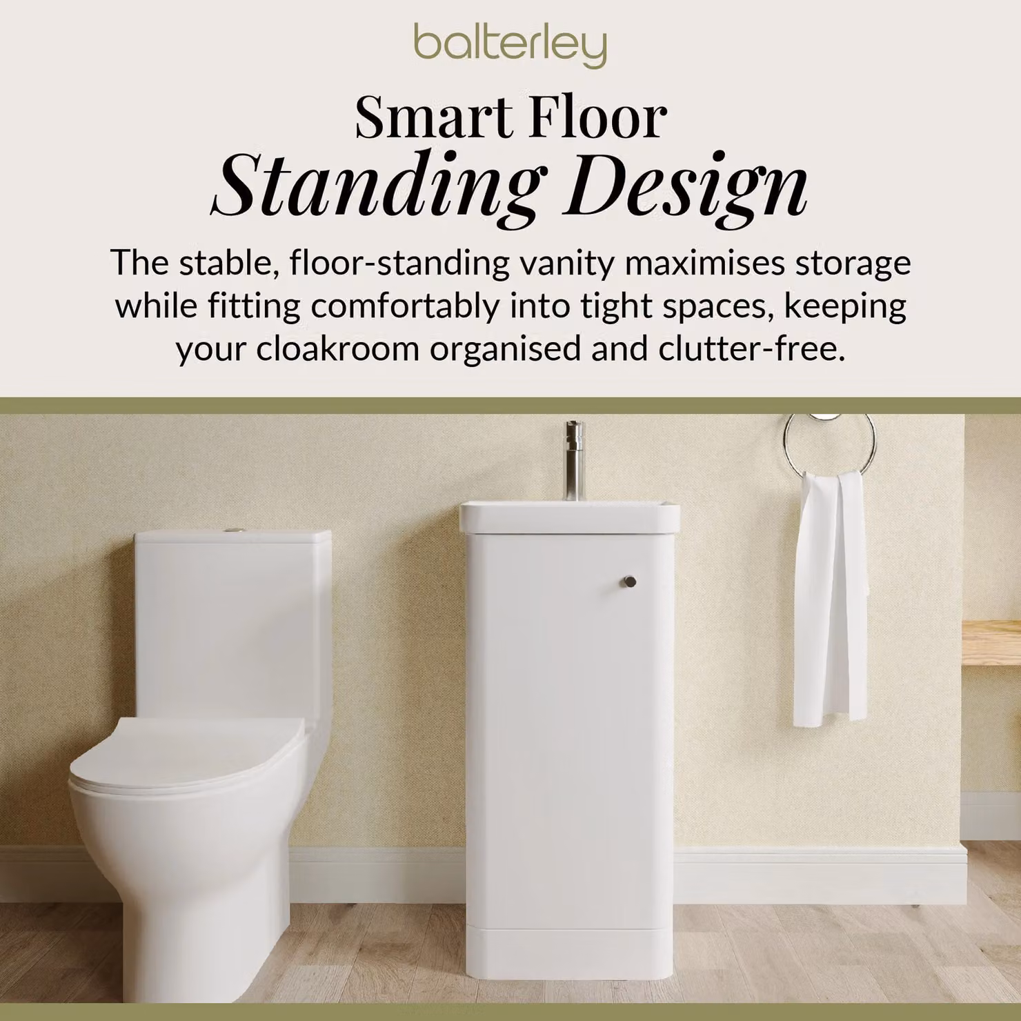 Balterley White Glossy 1 Door Freestanding Bathroom Vanity Unit with Tap and Toilet Pack – 3