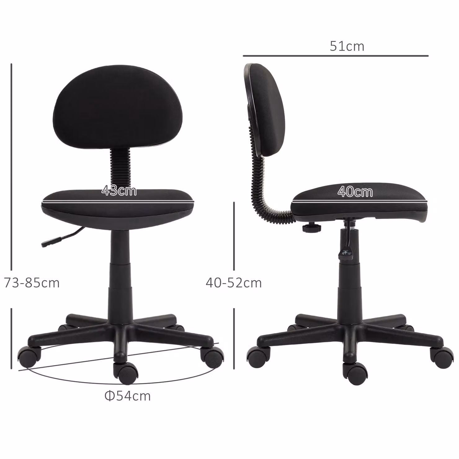 HOMCOM Armless Black Fabric Task Chair with 360 Degree Swivel and Castors – 3
