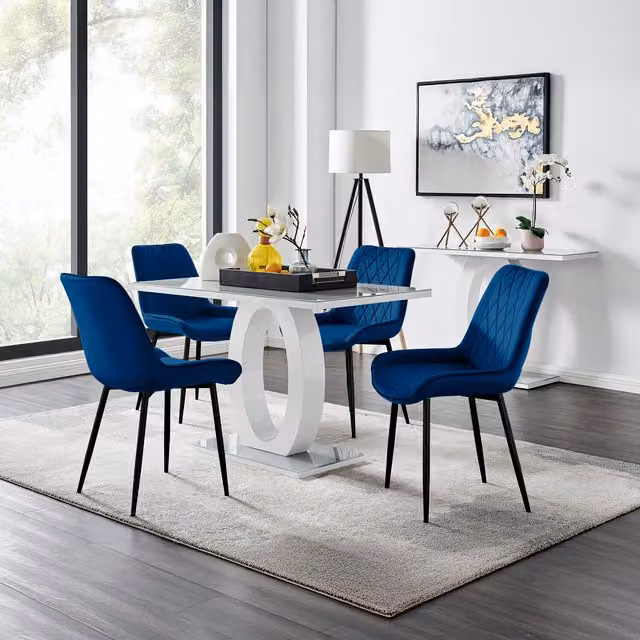 FurnitureboxUK Giovani Grey Glass Rectangular Dining Table and 4 Blue Upholstered Chairs with Black Legs W/D/H: 120 x 70 x 70 cm