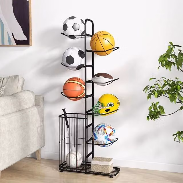 Kelvenix 7-Tier Black Metal Basketball Storage Rack and Sports Equipment Organiser