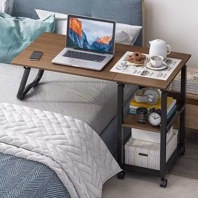 SPETLEK 2 in 1 Mobile Over Bed Table and Folding Desk in Oak Wood and Walnut, Brown