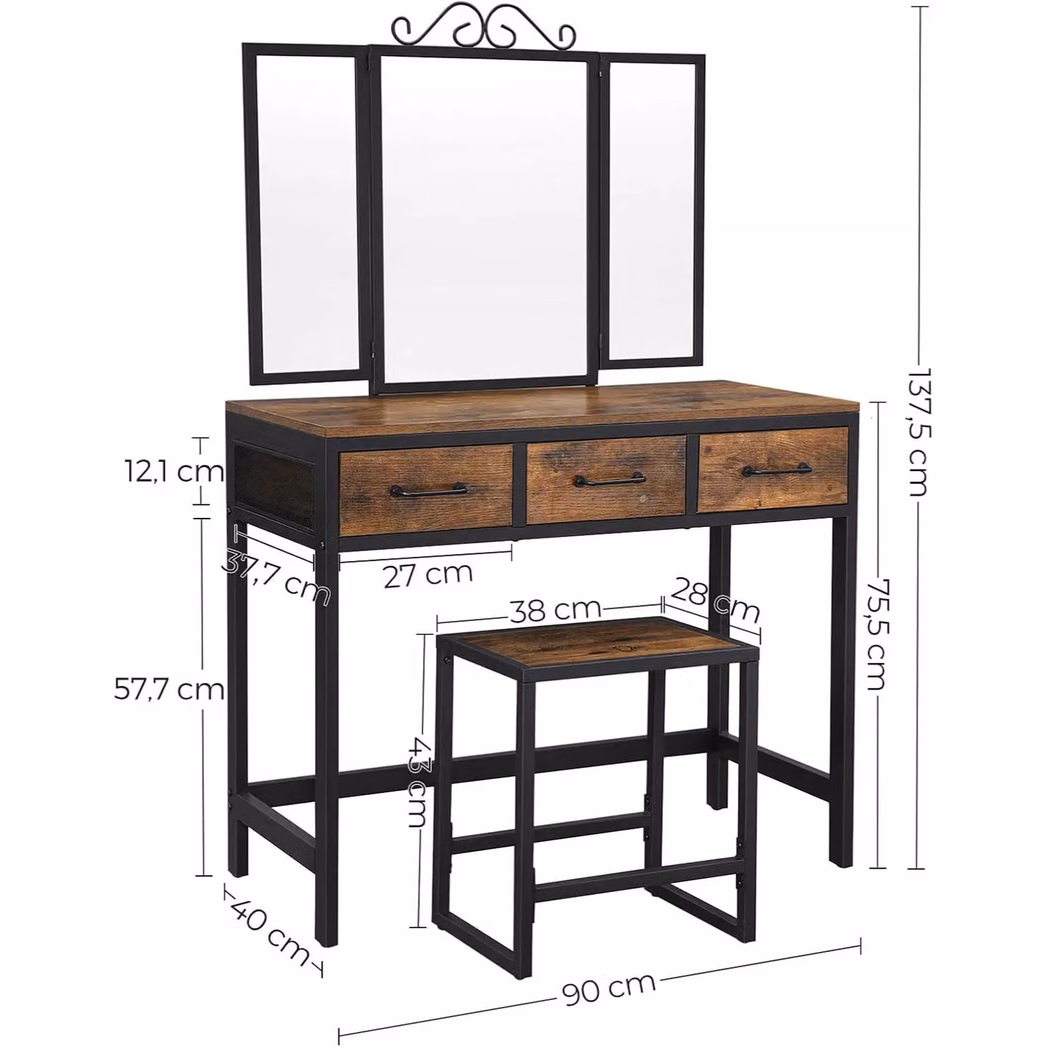 VASAGLE Industrial Vanity Set with Tri-fold Mirror and Storage, Brown – 3