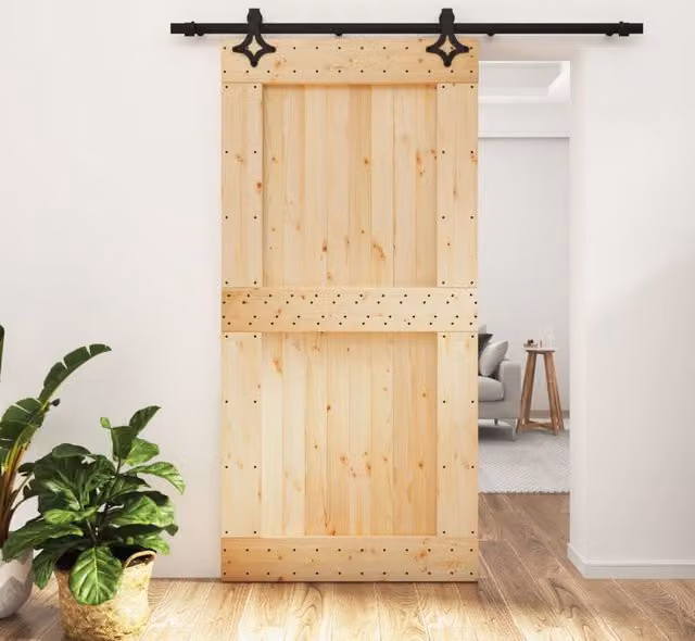 Berkfield Home Rustic Solid Wood Pine Sliding Door with Hardware Set, Brown, W: 100 cm, H: 210 cm – 1