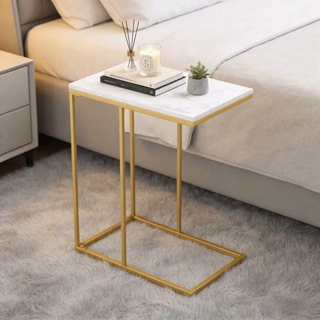 KORVIXA Modern C Shaped Coffee and Side Table with Ceramic Top in White and Gold