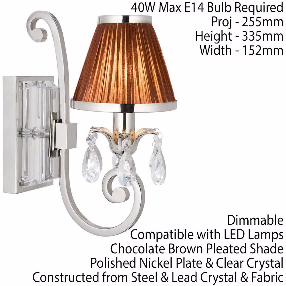 Loops Esher Luxury Single Curved Arm Traditional Wall Light in Nickel with Brown Crystal Shade – 2