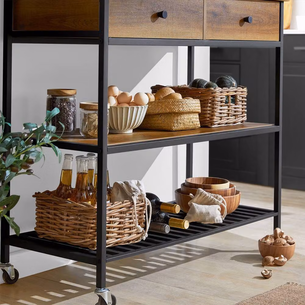 SoBuy Industrial Kitchen Trolley with 2 Drawers and 3 Shelves in Brown and Black – 3