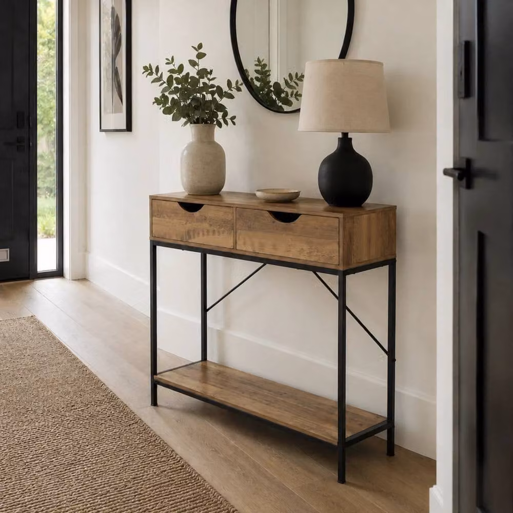 FORGEVIO Modern 2 Drawer Console Table with Wooden Shelf and Black Metal Frame, W/D/H: 80 x 30 x 75 cm – 4