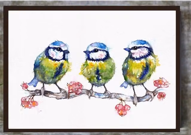 Be Coventry Three Little Blue Tits Framed Wall Art in Blue, Yellow and Black