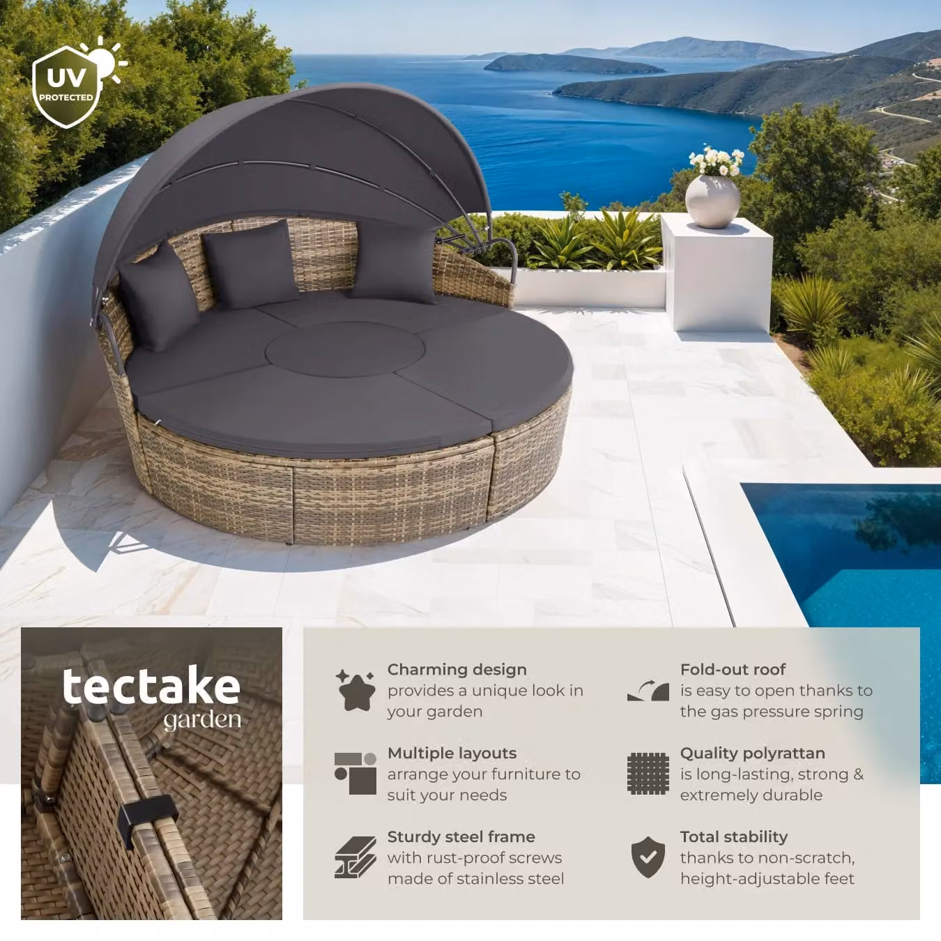 tectake Santorini Modular Garden Sun Lounger Set with Shade Canopy in Sand Beige for 4 Adults – 2