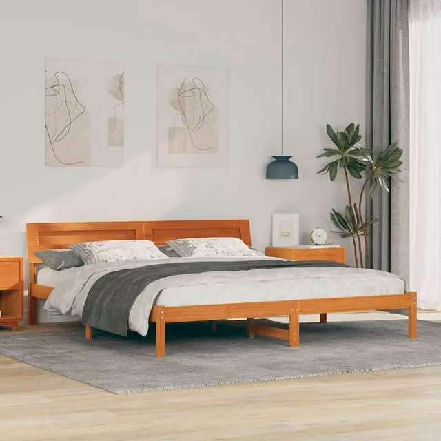Berkfield Home Modern Bed Frame with Headboard in Wax Brown Solid Pine Wood, 180 x 200 cm