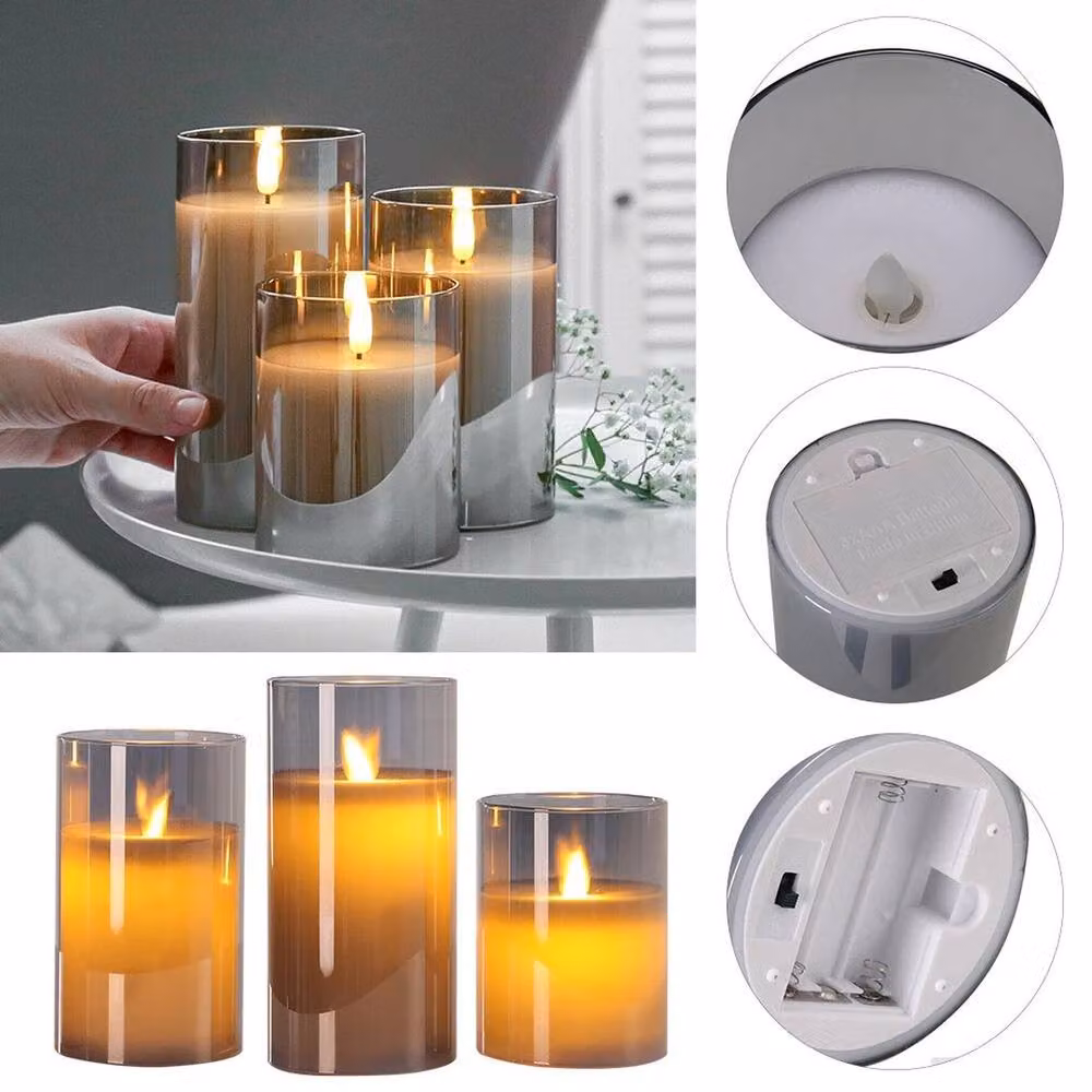 PAWNORA Set of 3 Grey Flameless LED Pillar Candles with Flicker Effect – 3