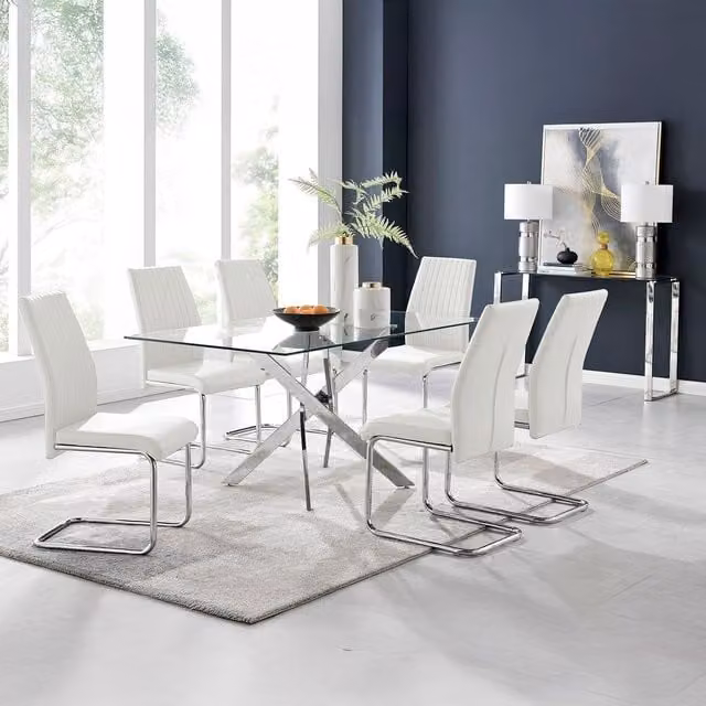 FurnitureboxUK Leonardo Rectangular Glass Dining Table with Six Lorenzo Chairs in White and Transparent