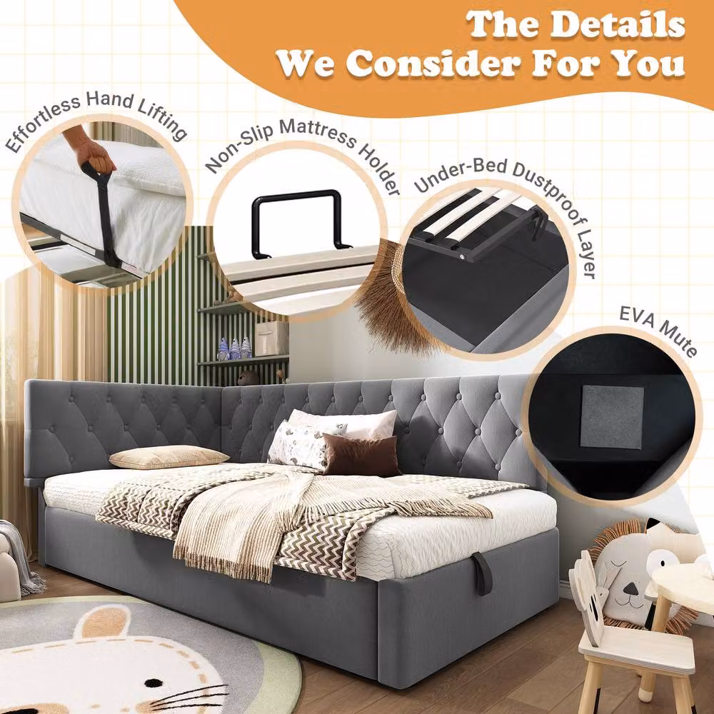 Matteo Single Sofa Bed with Hydraulic Storage in Grey, W/D/H: 90 x 190 cm – 4