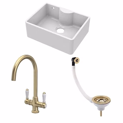 Balterley White Ceramic Butler Sink Single Bowl with Mono Lever Mixer Tap and Waste, White and Gold