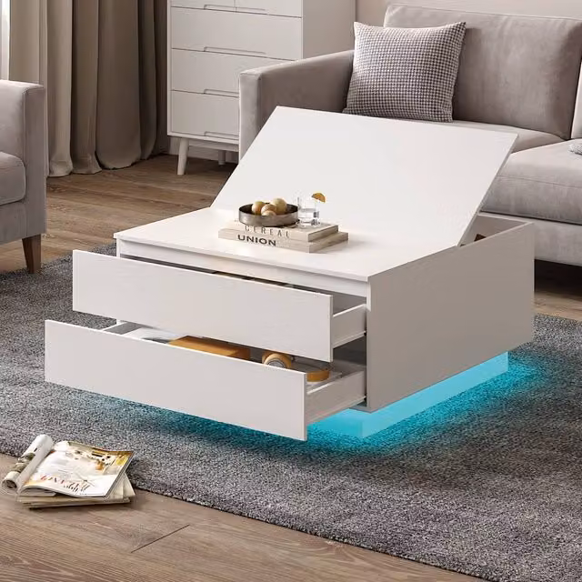 KEEPREAPER Modern Square Coffee Table with Storage and LED Light in White