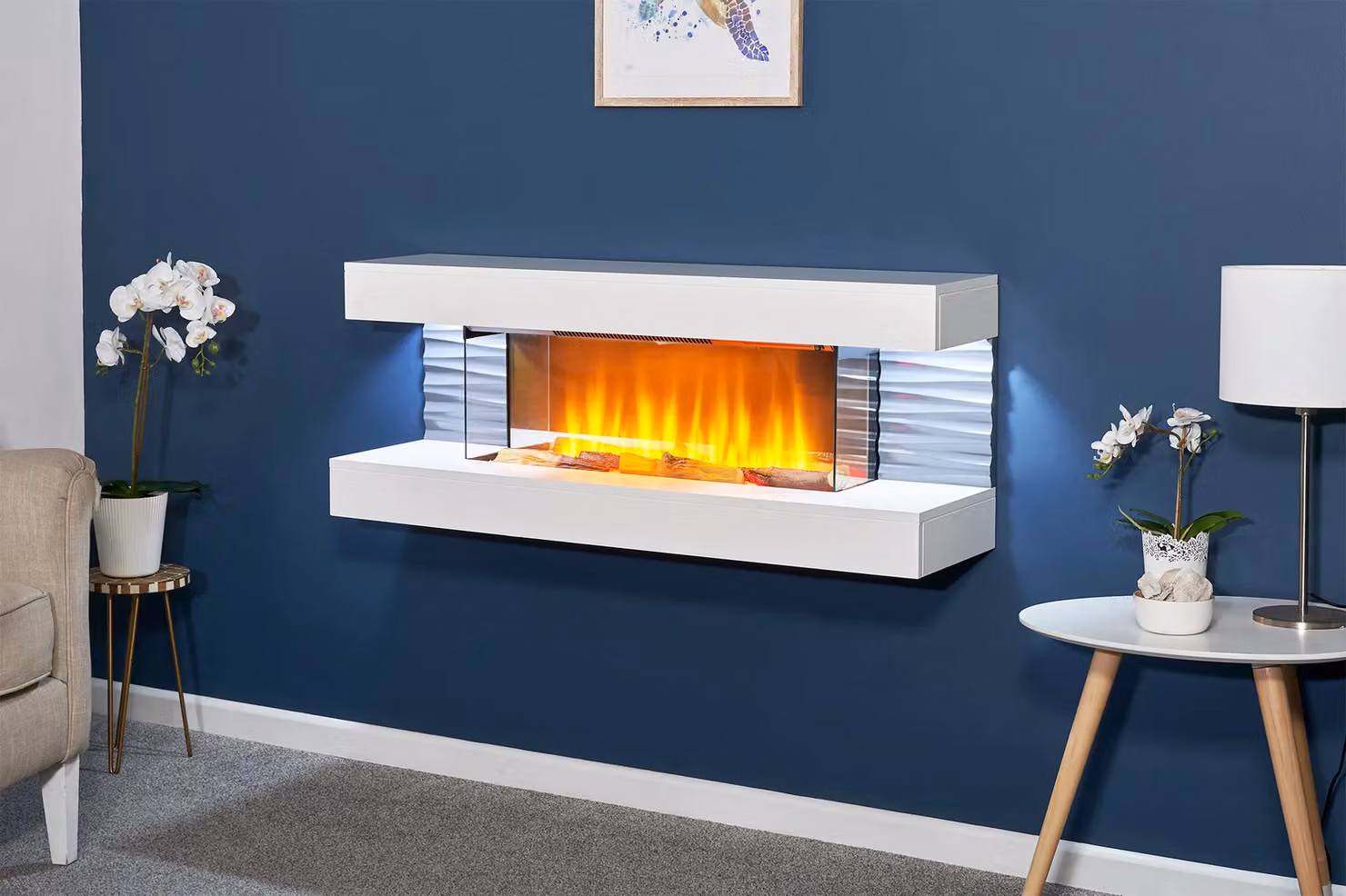 Sureflame WM-9332 Electric Wall Fireplace Suite with Downlights and Remote in Pure White – 2