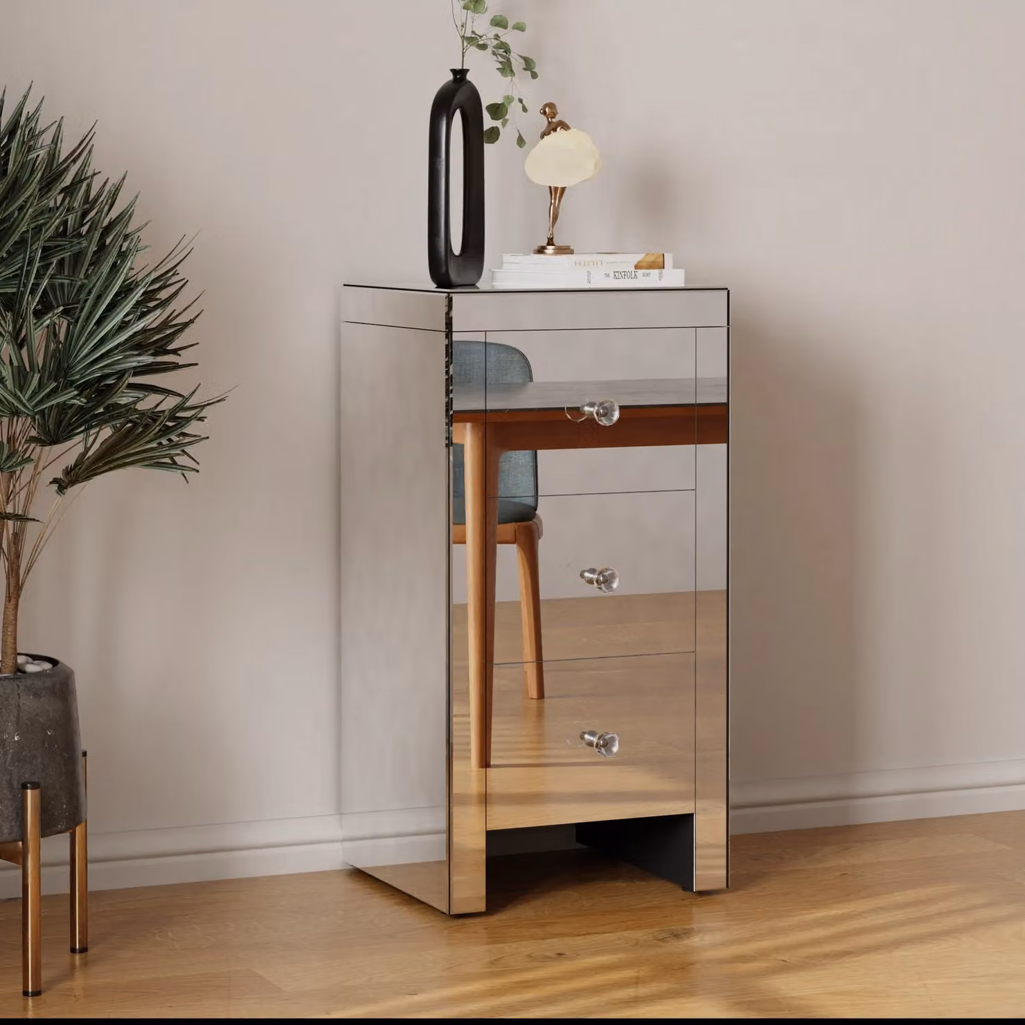 Comfy Living Ltd Small Mirrored Bedside Table with 3 Drawers and Crystal Handles in Silver – 2