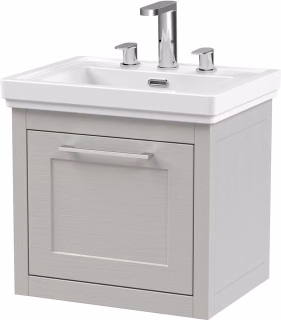 Balterley Wall Hung 1 Drawer Vanity Unit and 3TH Fireclay Basin, Grey, Width: 50 cm