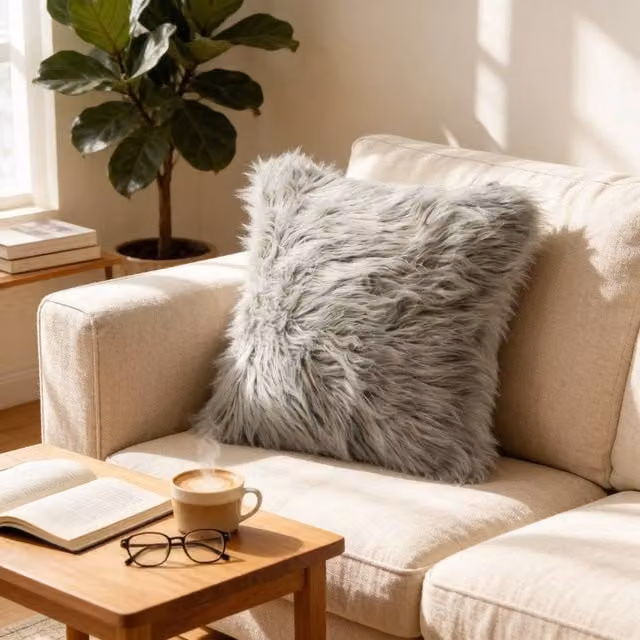 Garden Sanctuary Grey Square Faux Fur Throw Pillow Cover – 1