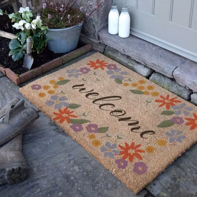 Artsy Mats Welcome Floral Border Coir Doormat in Brown, W: 90 cm, D: 60 cm